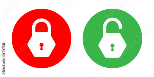 Lock and unlock icon set in red and green circle in hexagon style for user interface design elements. Lock icon collection. Locked and unlocked icon set. Flat security symbol. Vector Icon.