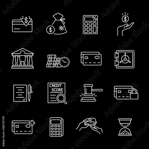 Credit, white line icons. Loan processing and financial symbols. Essential for banking and finance themes. Symbols on black background. Editable stroke.
