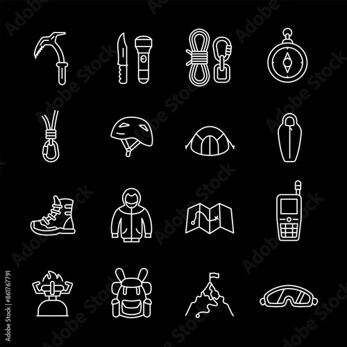 Mountaineering, white line icons. Climbing and mountaineering equipment. adventure and outdoor activity themes. Symbols on black background. Editable stroke.