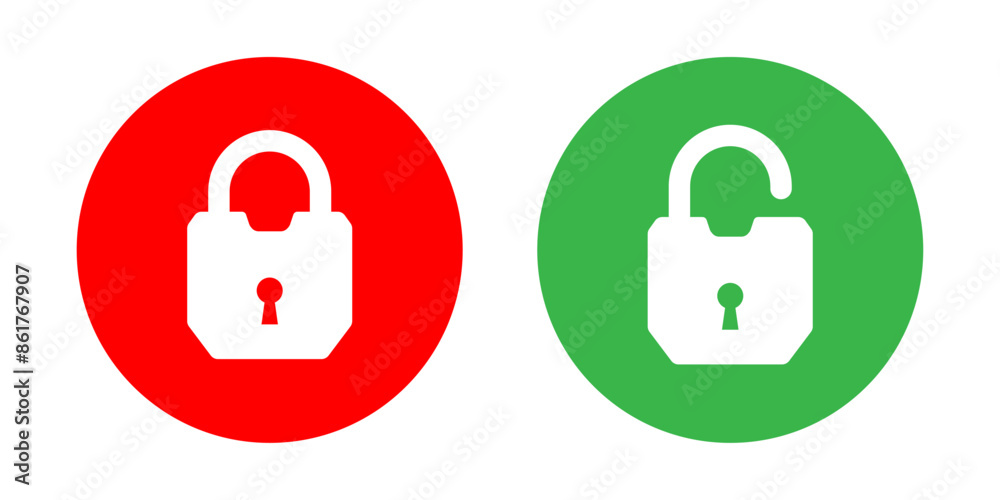 Lock and unlock icon set in red and green circle in strong lock style for user interface design elements. Lock icon collection. Locked and unlocked icon set. Flat security symbol. Vector Icon. Lock and unlock icon set in red and green circle in strong lock style for user interface design elements. Lock icon collection. Locked and unlocked icon set. Flat security symbol. Vector Icon.