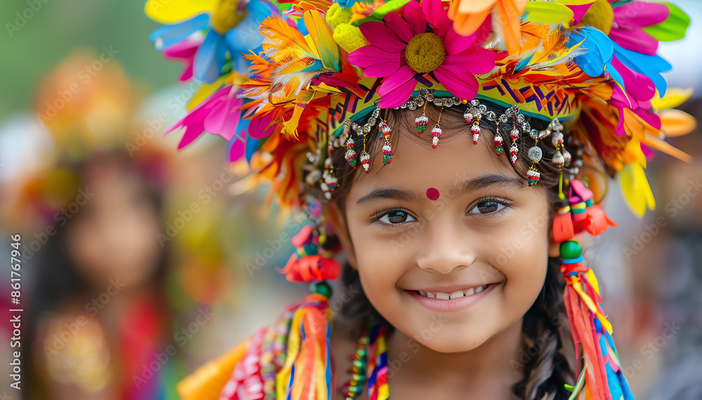 Happy girl in colorful traditional attire with other children in the background, vibrant festival Happy girl in colorful traditional attire with other children in the background, vibrant festival