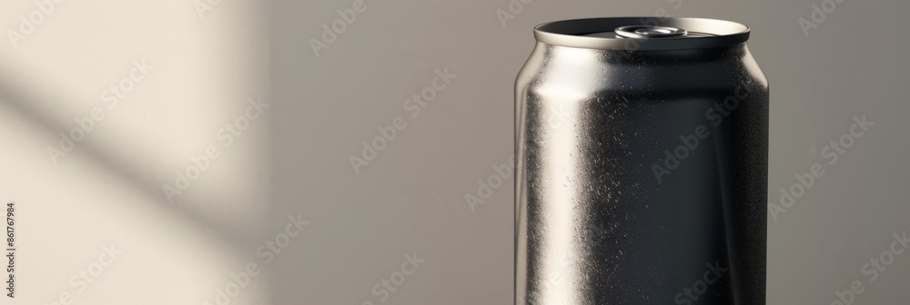 Studio photo of beverage can mockup shows glossy surface & details on clean, minimal background highlighting its reflective properties Studio photo of beverage can mockup shows glossy surface & details on clean, minimal background highlighting its reflective properties