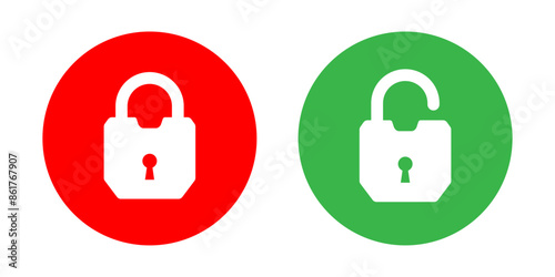 Lock and unlock icon set in red and green circle in strong lock style for user interface design elements. Lock icon collection. Locked and unlocked icon set. Flat security symbol. Vector Icon.