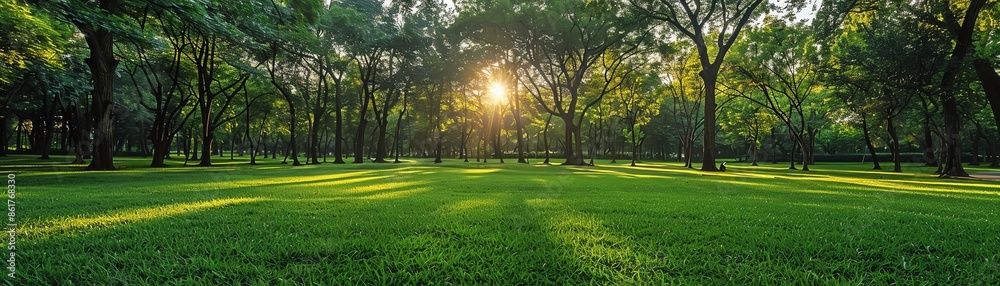 Obraz premium Sunlit park with green grass, trees in the background, serene and lush, wide angle