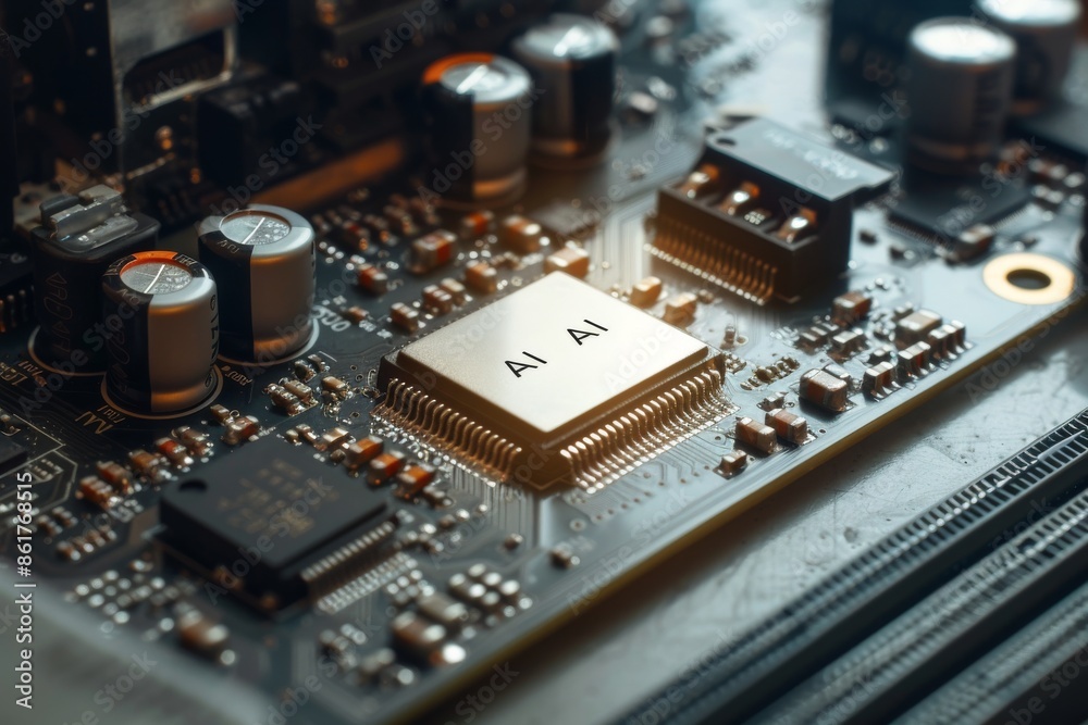 AI circuit board with mechanical elements on dark background representing artificial intelligence and innovation AI circuit board with mechanical elements on dark background representing artificial intelligence and innovation