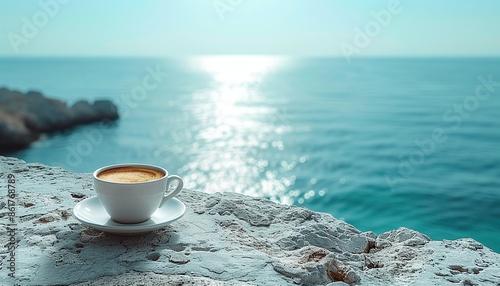 A cup of hot coffee standing on a stone, a view of the sunny sea and mountains, a summer cafe, a seascape