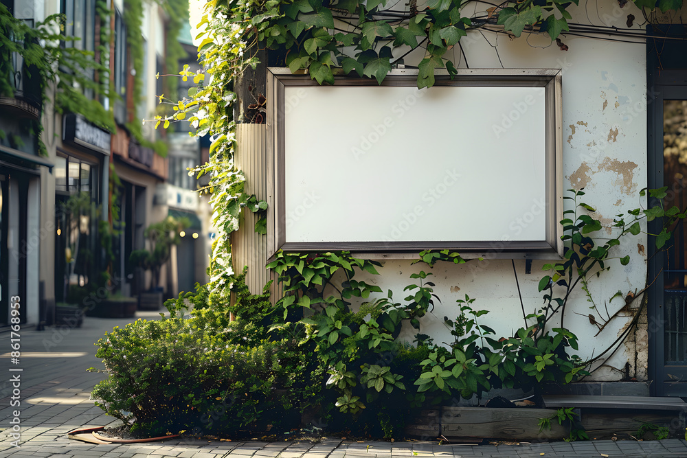 A white board is on the side of a building with a green plant in front of it. The board is empty, but it could be used for advertising or displaying information