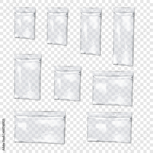 Clear sachet pouch. Realistic vector mockup set. Transparent plastic bag. Mock-up kit. Envelope sleeve package. Template collection photo