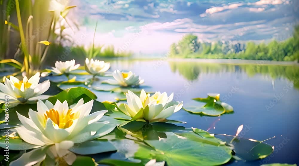 Beautiful white and yellow water lily flowers on the lake at summer day with sun Beautiful white and yellow water lily flowers on the lake at summer day with sun