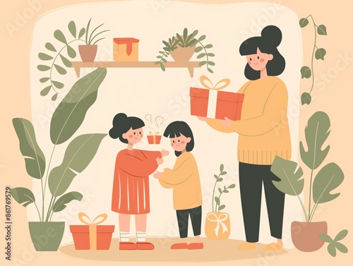  A mother giving gifts to her children, a simple flat vector illustration with pastel colors and plants in the background