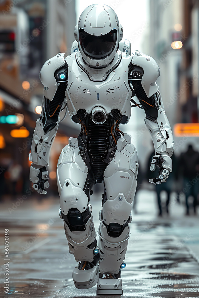 Futuristic robot walking along a city street. Futuristic robot walking along a city street.