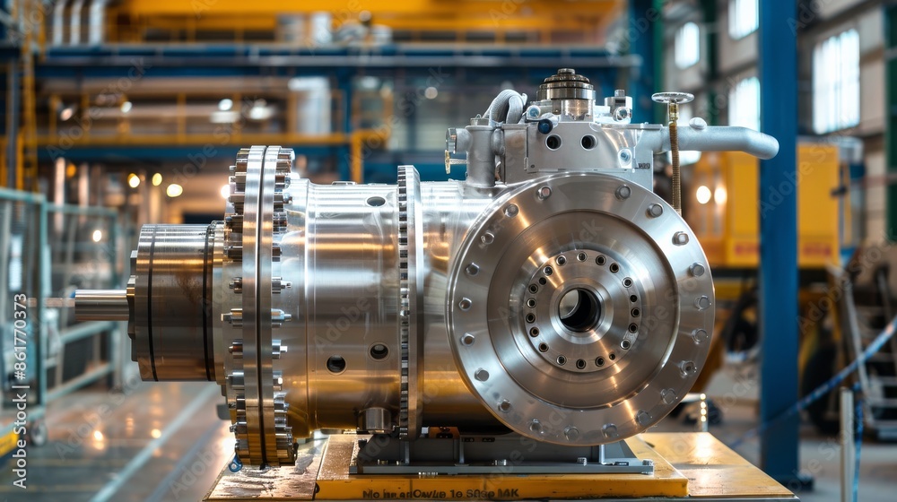 A large metallic machine is positioned on a table inside a factory setting A large metallic machine is positioned on a table inside a factory setting