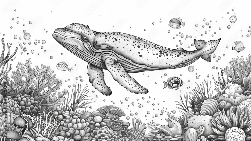 Fototapeta premium The image shows a hand-drawn illustration of a whale swimming in the ocean