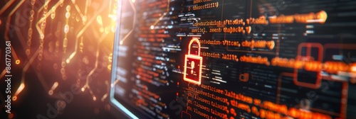 A close-up image of a desktop monitor displaying code with a padlock symbol, showcasing secure software development practices