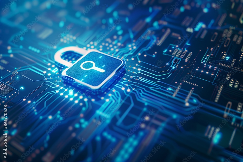 Digital lock icon on circuit board background, symbolizing digital security and cyber protection in technology network system Digital lock icon on circuit board background, symbolizing digital security and cyber protection in technology network system