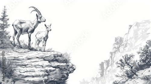 The image shows a mountain ibex standing on a rocky cliff
