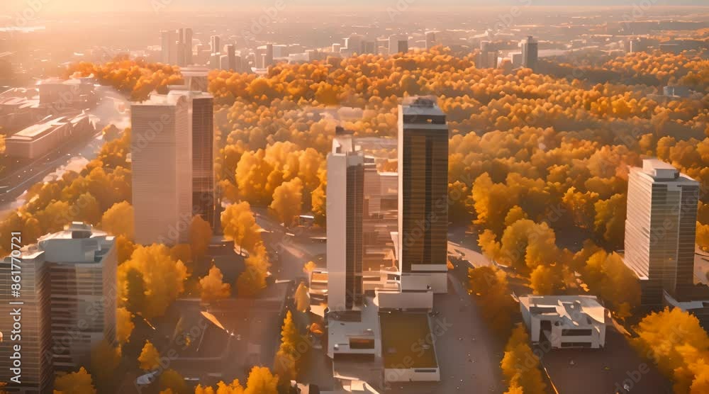 Modern downtown architecture, crisp autumn morning aerial. Contemporary urban cityscape view, drone cam. Cinematic glass and concrete buildings reflecting the clear autumn sky
