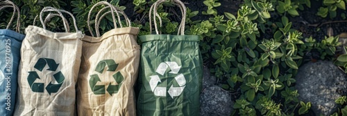 A high-angle photo showcasing eco-friendly, biodegradable bags featuring prominent recycling symbols, arranged neatly against a backdrop of lush green foliage photo