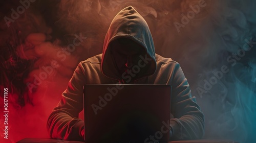 Hacker in a Dark Room Trying to Break Into Hi-Tech System