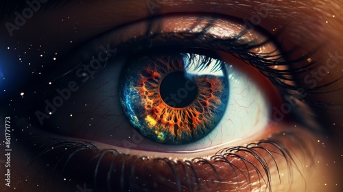 A detailed image of a human eye with fiery colors and cosmic elements, creating a captivating visual experience © AminaDesign