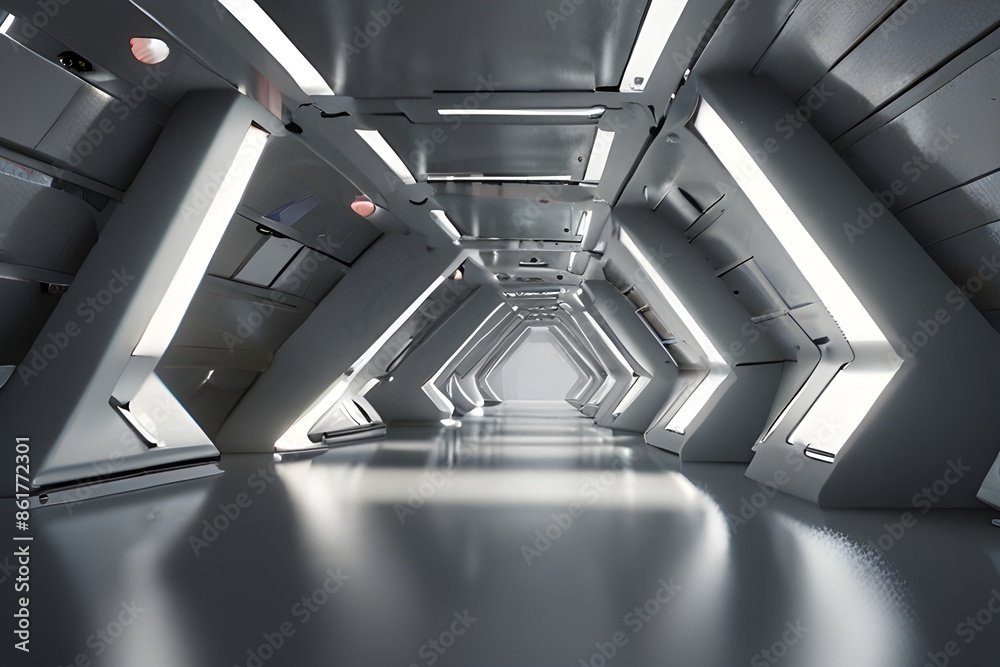 Fototapeta premium Empty Long Light Corridor. Modern white background. Futuristic Sci-Fi Triangle Tunnel. 3D Rendering Generative AI 