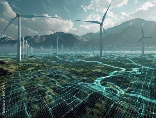 High-tech visualization of renewable energy networks. photo