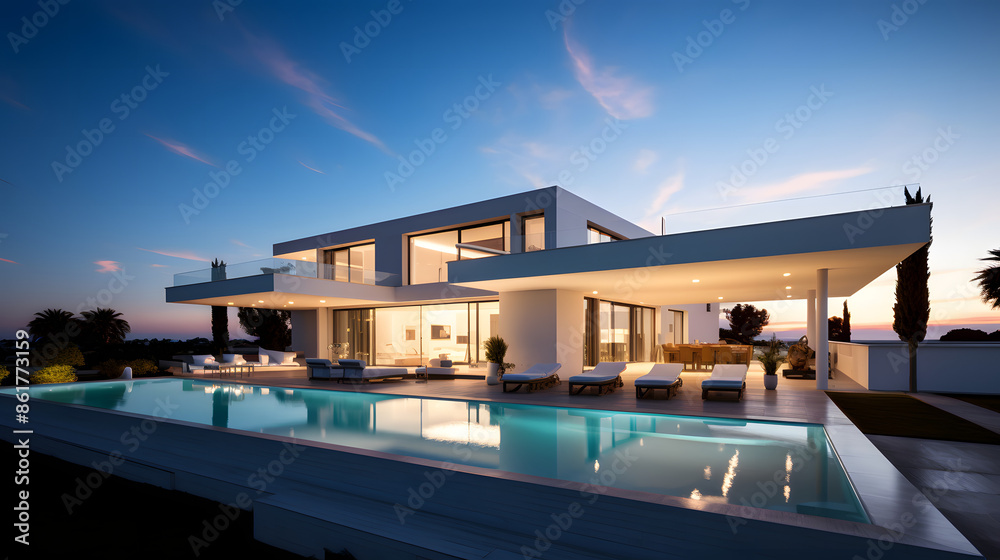 Fototapeta premium Luxury House with Pool at Twilight
