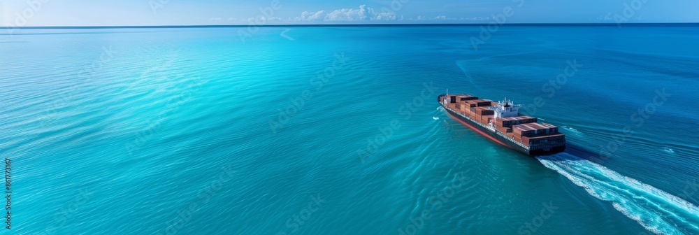 A modern container ship sails through calm, turquoise waters under a clear blue sky. The ship leaves a white wake as it navigates the open ocean A modern container ship sails through calm, turquoise waters under a clear blue sky. The ship leaves a white wake as it navigates the open ocean