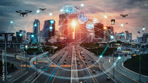 Modern cityscape and communication network concept. Telecommunication. IoT (Internet of Things). 5G. Smart city. Digital transformation. Composite visual with a drone point of view. Mixed media.