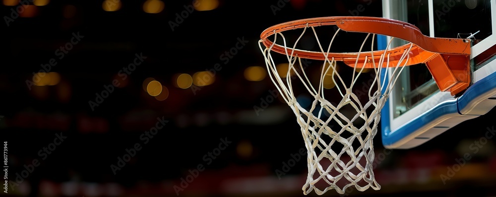 A close-up shot of a basketball hoop taken indoors, capturing the rim, net, and part of the backboard, set against a dimly lit basketball arena background. A close-up shot of a basketball hoop taken indoors, capturing the rim, net, and part of the backboard, set against a dimly lit basketball arena background.