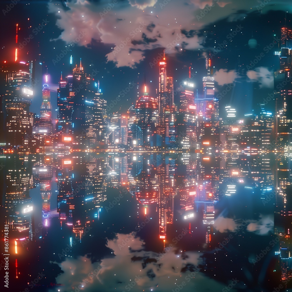 A futuristic city skyline reflected in a cosmic mirror, ethereal, neon lights, cyberpunk, surreal, detailed A futuristic city skyline reflected in a cosmic mirror, ethereal, neon lights, cyberpunk, surreal, detailed