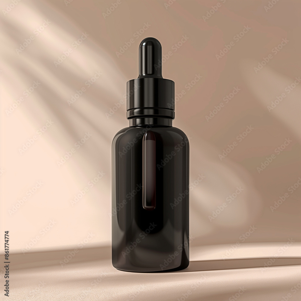 Black dropper bottle mockup on pastel background with gradient light effects, shadow and highlights for beauty product advertising Black dropper bottle mockup on pastel background with gradient light effects, shadow and highlights for beauty product advertising