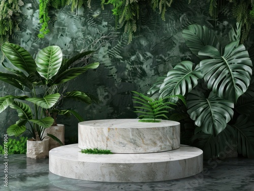 Podium background product green nature 3D forest stand white plant. Cosmetic background product podium display wood jungle studio garden beauty platform presentation mockup pedestal stone tropical © Business Pics