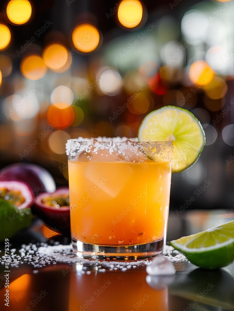 Fototapeta premium Passion fruit Michelada, in a glass glass, salt on the edges At the bar counter Professional photography, professional composition, blurred background, bokeh effect
