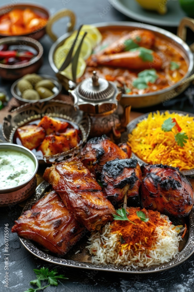 vertical banner, celebration of Pakistan Independence Day, national Pakistani cuisine, traditional dishes, mouth-watering restaurant table, close-up vertical banner, celebration of Pakistan Independence Day, national Pakistani cuisine, traditional dishes, mouth-watering restaurant table, close-up