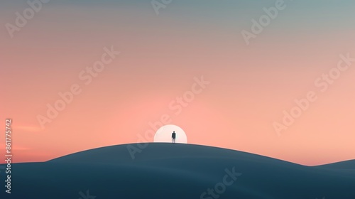 Silhouette of a person standing on sand dunes with a beautiful gradient sunset sky in the background, creating a serene and tranquil view.