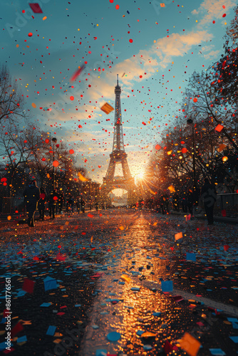 The olympic event held in Paris, running track perspective meeting Eiffel tower in a distance, festive, confetti, party people, generative ai photo