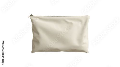 A 3D rendering of a blank canvas clutch for cosmetics mockup is shown isolated from a top view This template represents an empty small sac perfect for showcasing a clear cotton wallet or