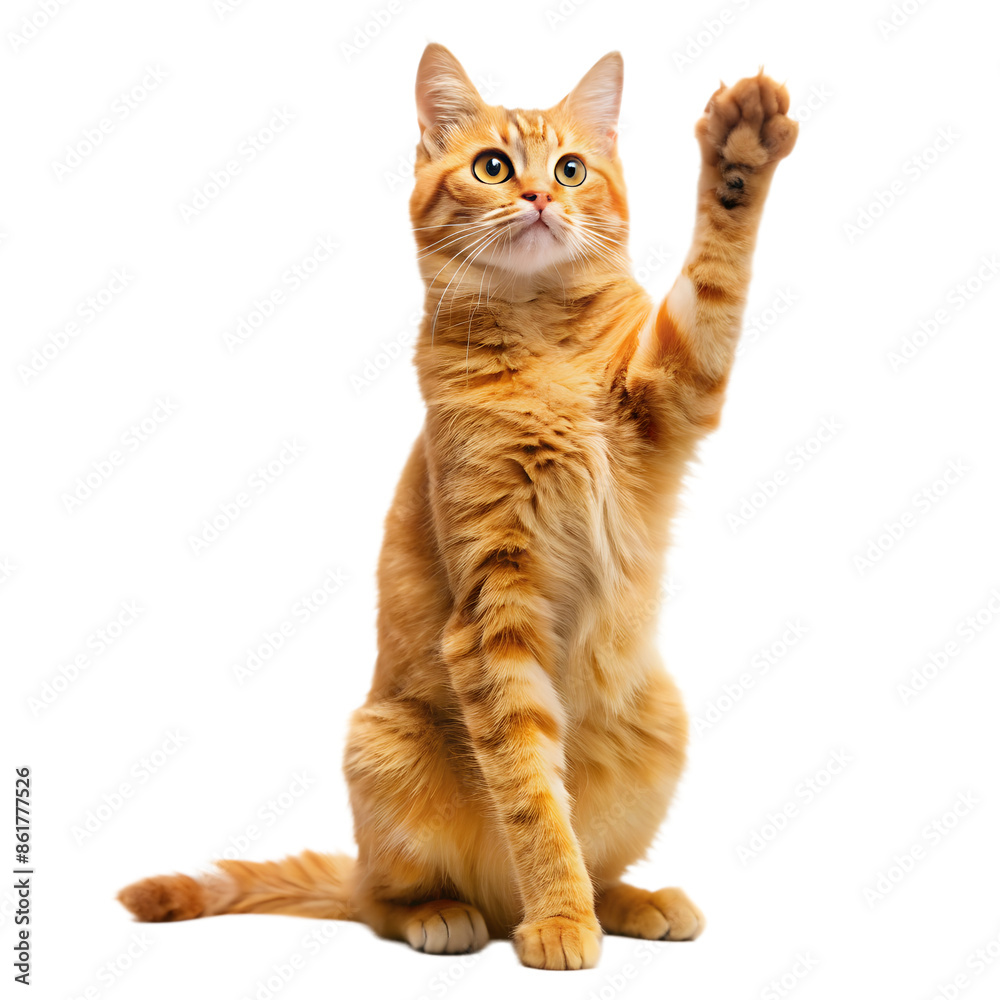 Obraz premium ginger cat stands on its hind legs and reaches up on a white isolated background. AI GENERATED