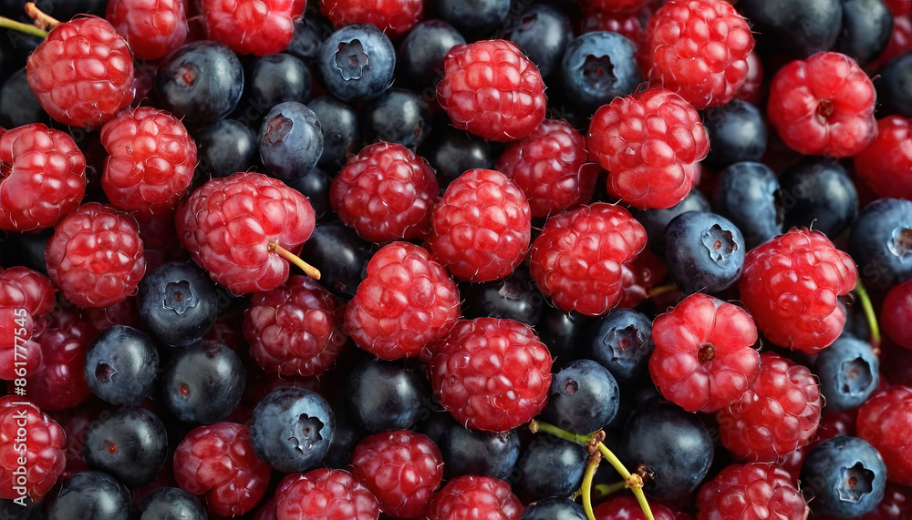 A close-up image of fresh, ripe raspberries and blueberries, showcasing their vibrant colors and textures A close-up image of fresh, ripe raspberries and blueberries, showcasing their vibrant colors and textures