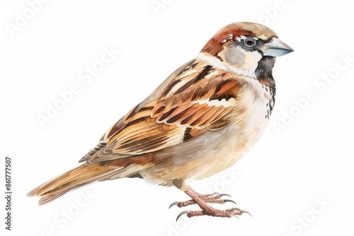A charming watercolor sparrow with soft brown feathers and a curious expression isolated on a white background © JK_kyoto