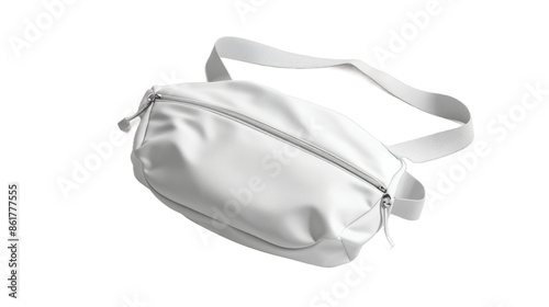 A 3D rendering of a blank white waist bag mockup is shown lying from a top view This template features an empty trendy nylon bellybag ideal for tourists showcasing a clear sport adjust