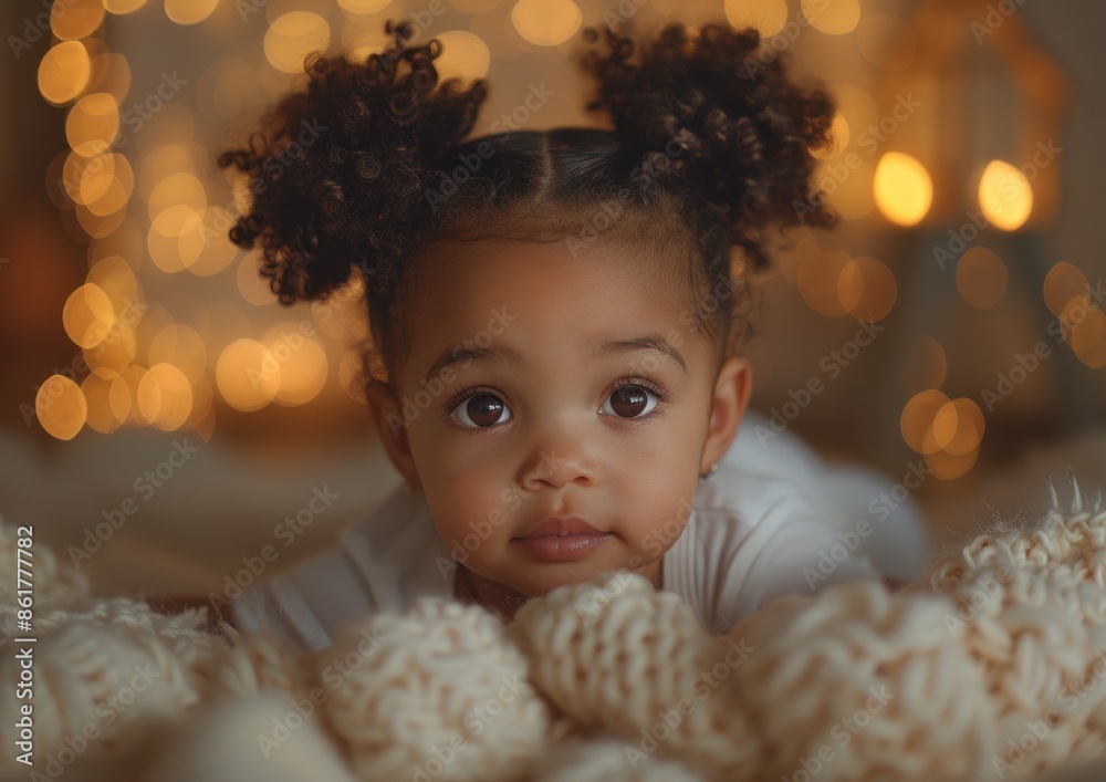 A young girl with curly hair poses on a blanket with bokeh lights in the background A young girl with curly hair poses on a blanket with bokeh lights in the background