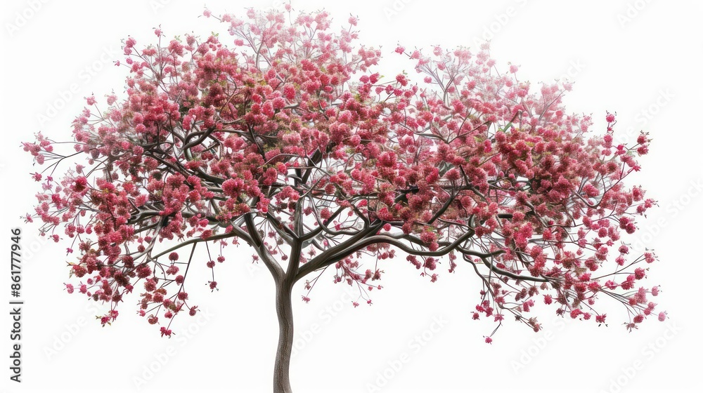 A cherry tree adorned with delicate pink blossoms and shiny red fruit isolated on a white background A cherry tree adorned with delicate pink blossoms and shiny red fruit isolated on a white background