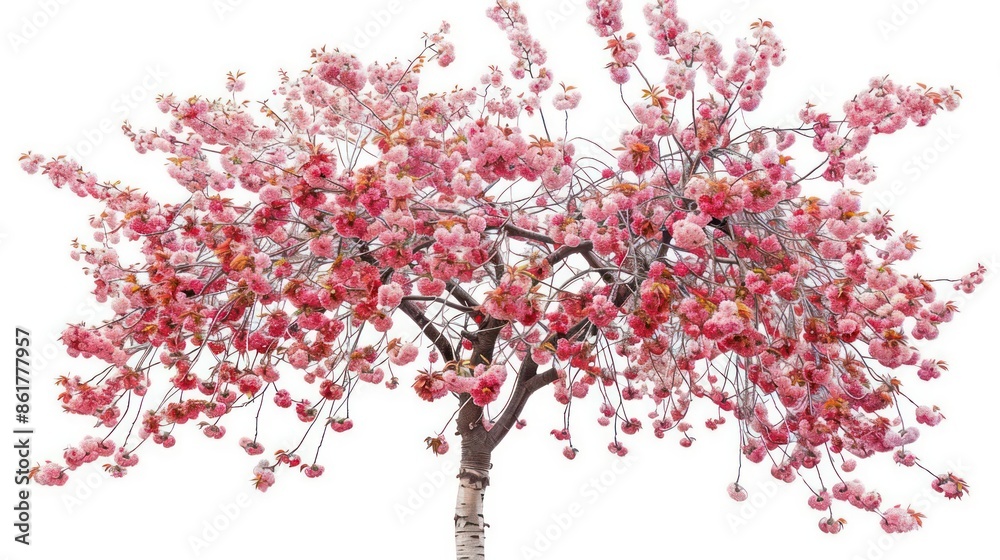 A cherry tree adorned with delicate pink blossoms and shiny red fruit isolated on a white background A cherry tree adorned with delicate pink blossoms and shiny red fruit isolated on a white background