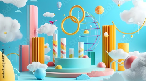 3D rendering of colorful and abstract amusement park scene with podium, perfect for product placement. Vibrant and playful concept for kids, summer, fun and joy. © Arbystudio