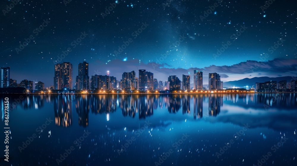 beautiful view of the city at night with a starry sky and a large lake beautiful view of the city at night with a starry sky and a large lake