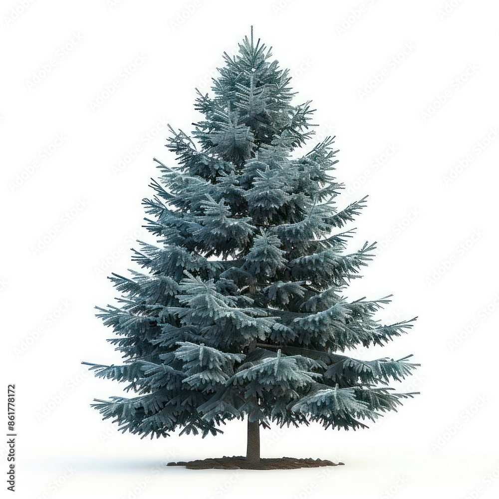 A classic spruce tree with dense, bluegreen needles and a conical shape isolated on a white background