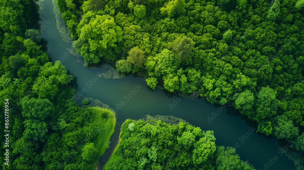 A drone shot of a winding river through lush greenery, summer, river, hd, scenic with copy space A drone shot of a winding river through lush greenery, summer, river, hd, scenic with copy space