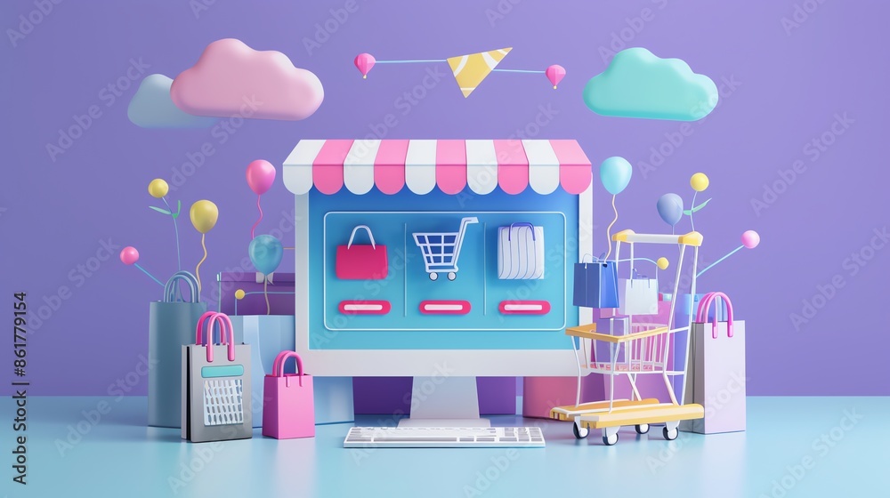 Online Shopping Concept. Computer Displaying E-commerce Store with Shopping Cart, Balloons, and Clouds